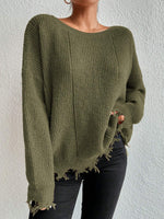 Solid color round neck ripped design loose knit sweater