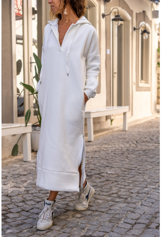 Large Pocket Zipper Hem Knitted Hooded Fleece Long Sweater Dress