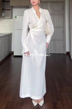 V-neck slim-fit solid color high-waisted shirt dress