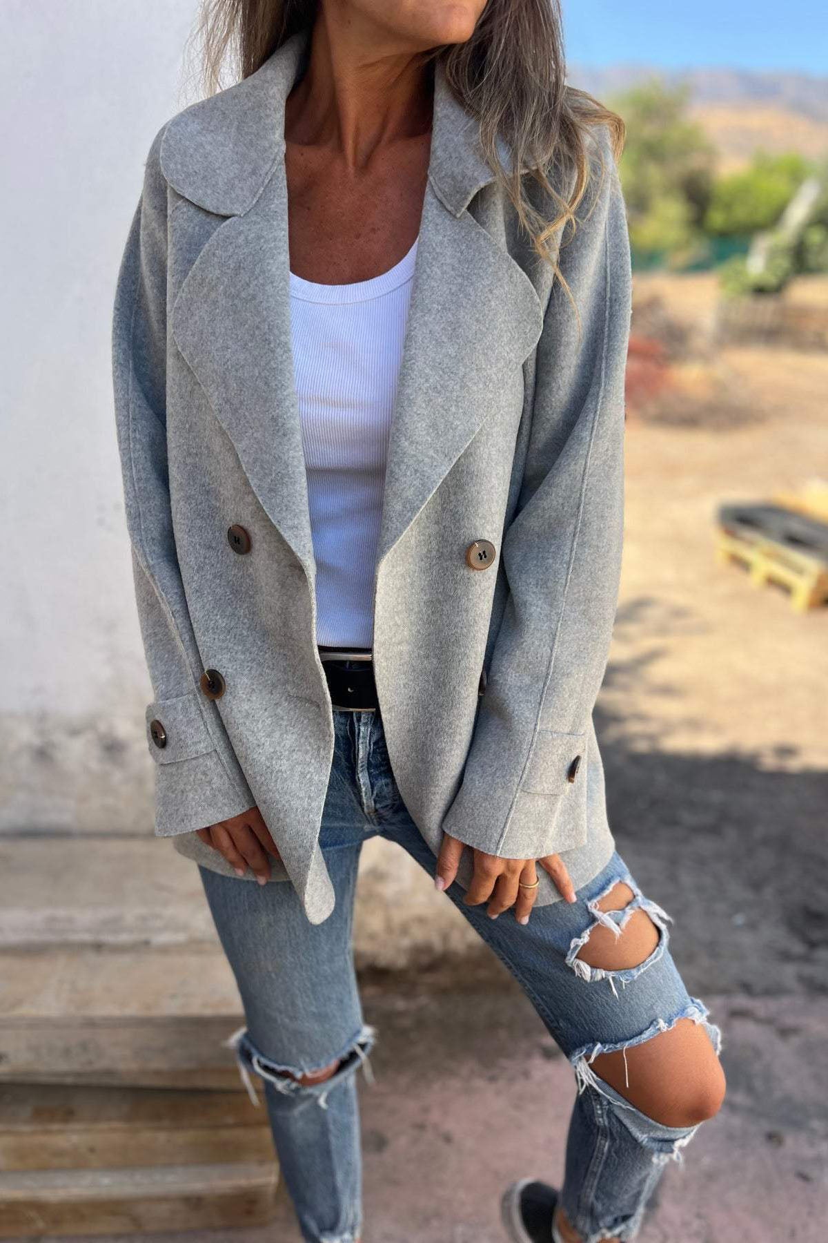 Langärmliger Button-Down-Wollmantel mit Revers