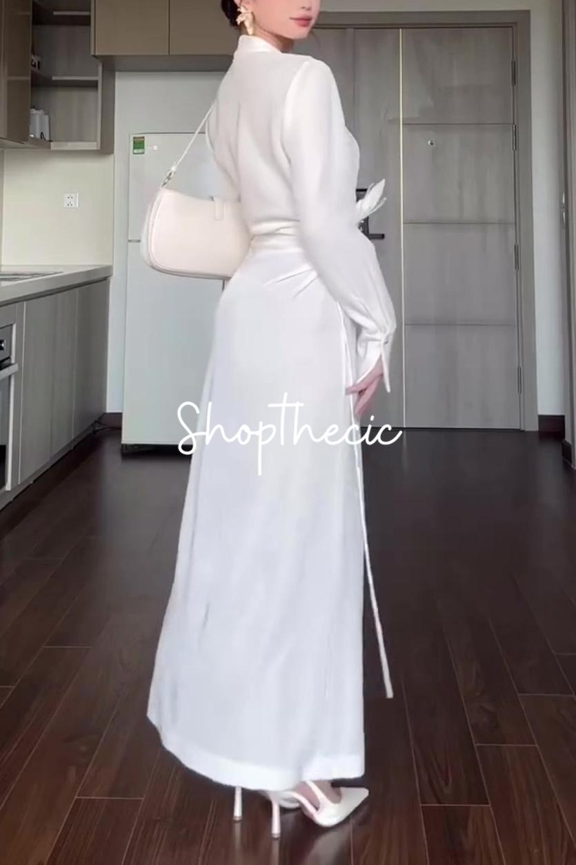 V-neck slim-fit solid color high-waisted shirt dress