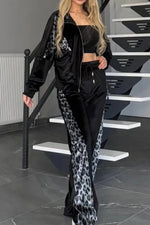 Suede leopard print contrast long-sleeved jacket and wide-leg pants two-piece set