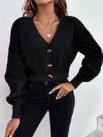 V-neck drop shoulder sleeve button-down cropped knitted cardigan