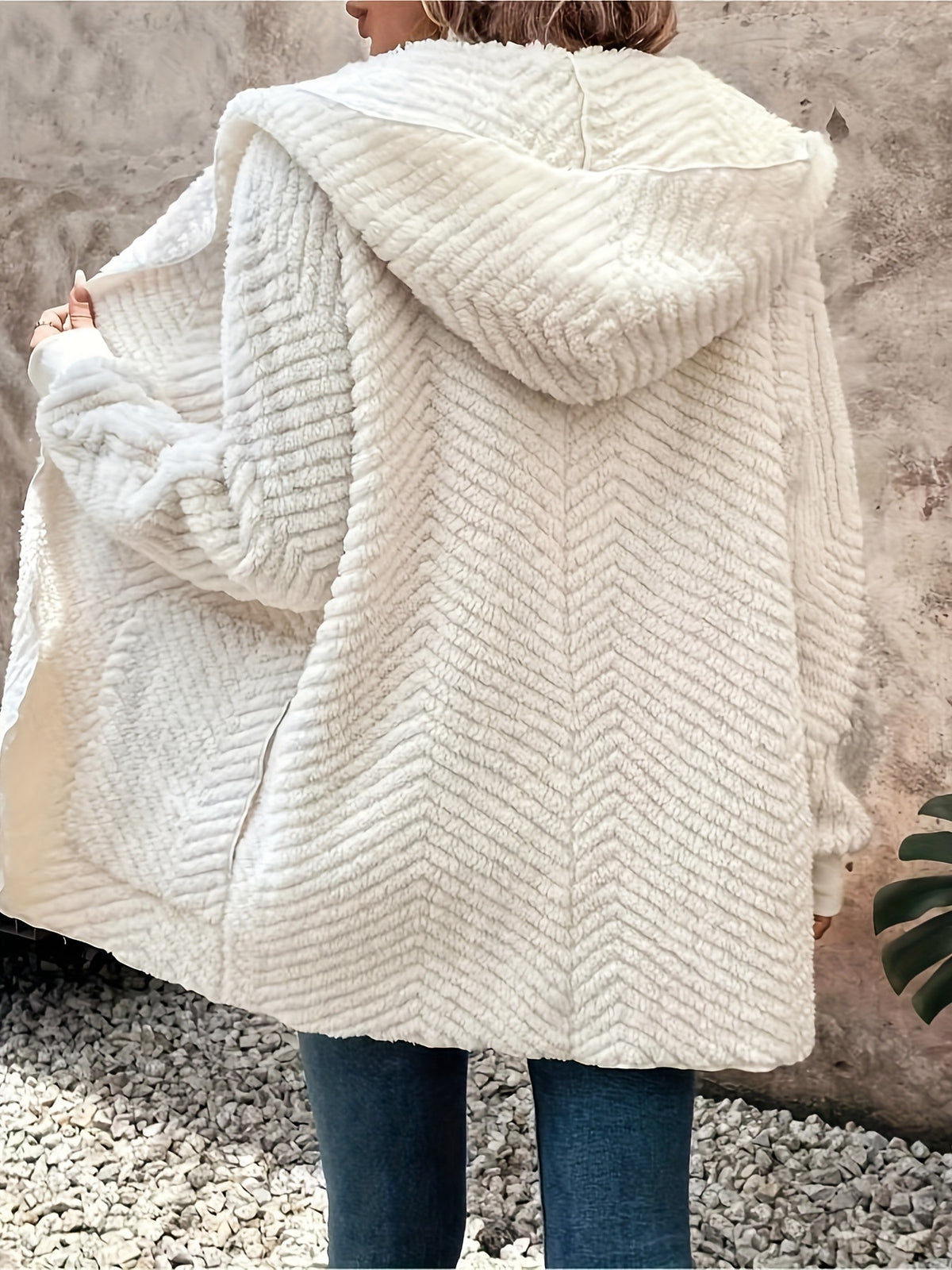 White Wavy Double-Faced Fleece Hooded Cardigan
