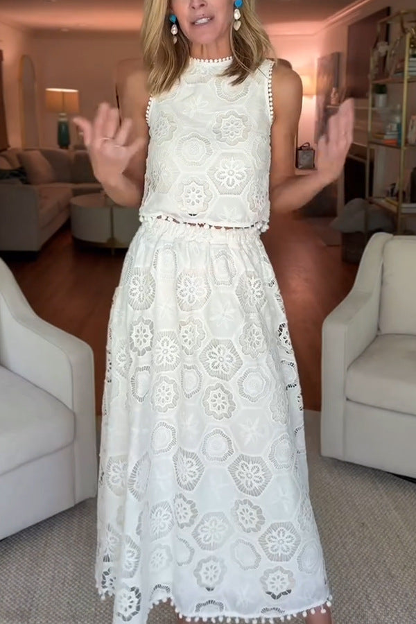 Ärmelloser, bestickter Rockanzug, lässiger, lockerer Urlaubs-Zweiteiler