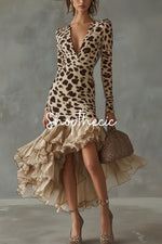 Long-sleeved V-neck chiffon trim leopard dress