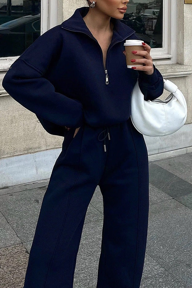 Thrifted Vibes half-open pullover sweatshirt and pants two-piece set