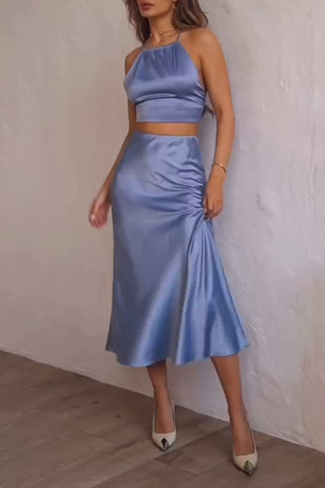 Satin camisole top and hip maxi skirt two-piece set