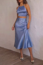 Satin camisole top and hip maxi skirt two-piece set