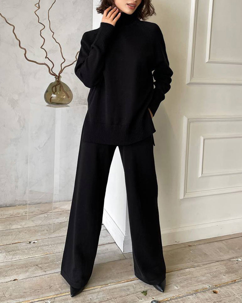 Solid color turtleneck knitted sweater and wide-leg trousers two-piece suit