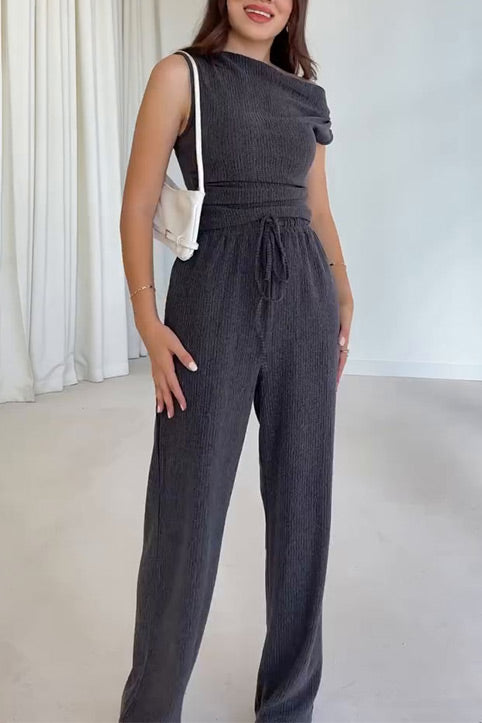 Sleeveless slant collar vest top loose straight pants two-piece set