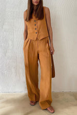 Einfarbiges Set aus Weste und langer Hose aus Baumwolle und Leinen mit V-Ausschnitt