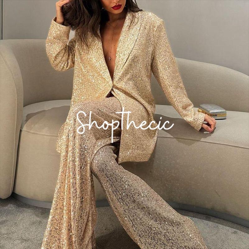 Sequined V-neck loose-fitting suit jacket and wide-leg pants set