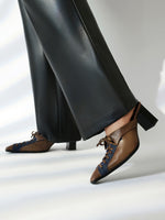 Square high heel pointed toe lace-up stitching mules