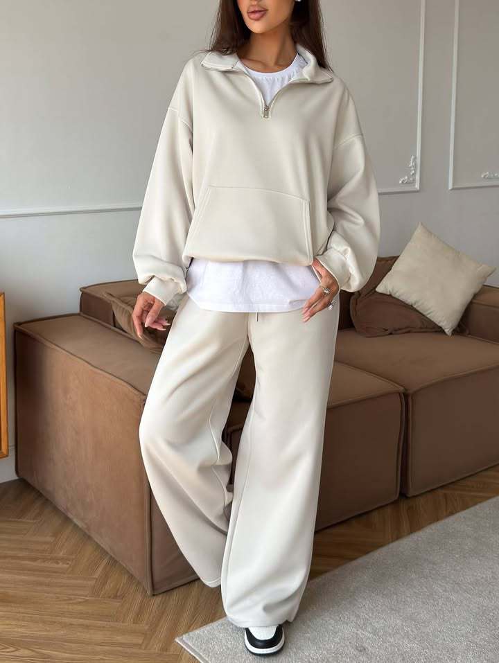 Zippered half-high collar pullover sweatshirt and wide-leg pants two-piece suit