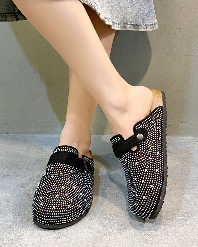 Verzierte Strass-Slipper aus Kork mit geschlossener Spitze