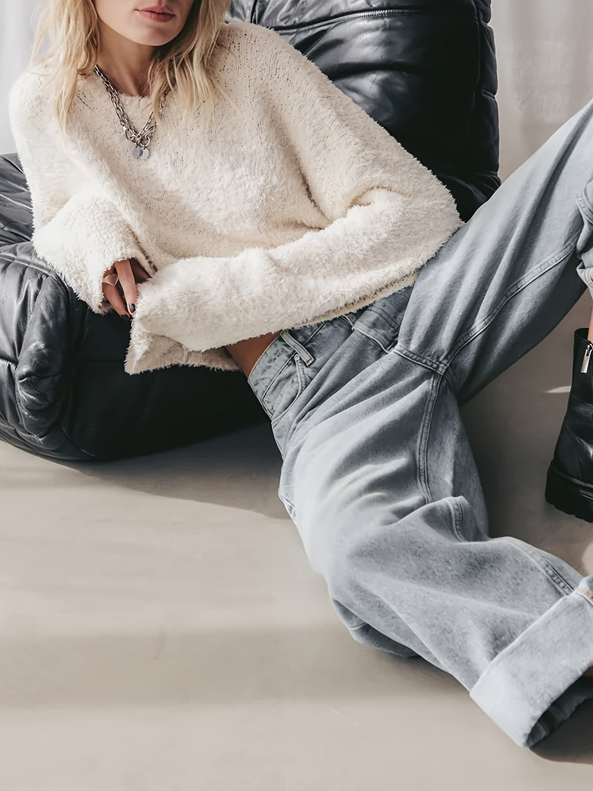 White Brushed Plush Crewneck Pullover Knit Top