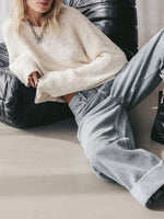 White Brushed Plush Crewneck Pullover Knit Top