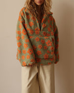 Faux Sherpa Print Kangaroo Pocket Loose Zip Top