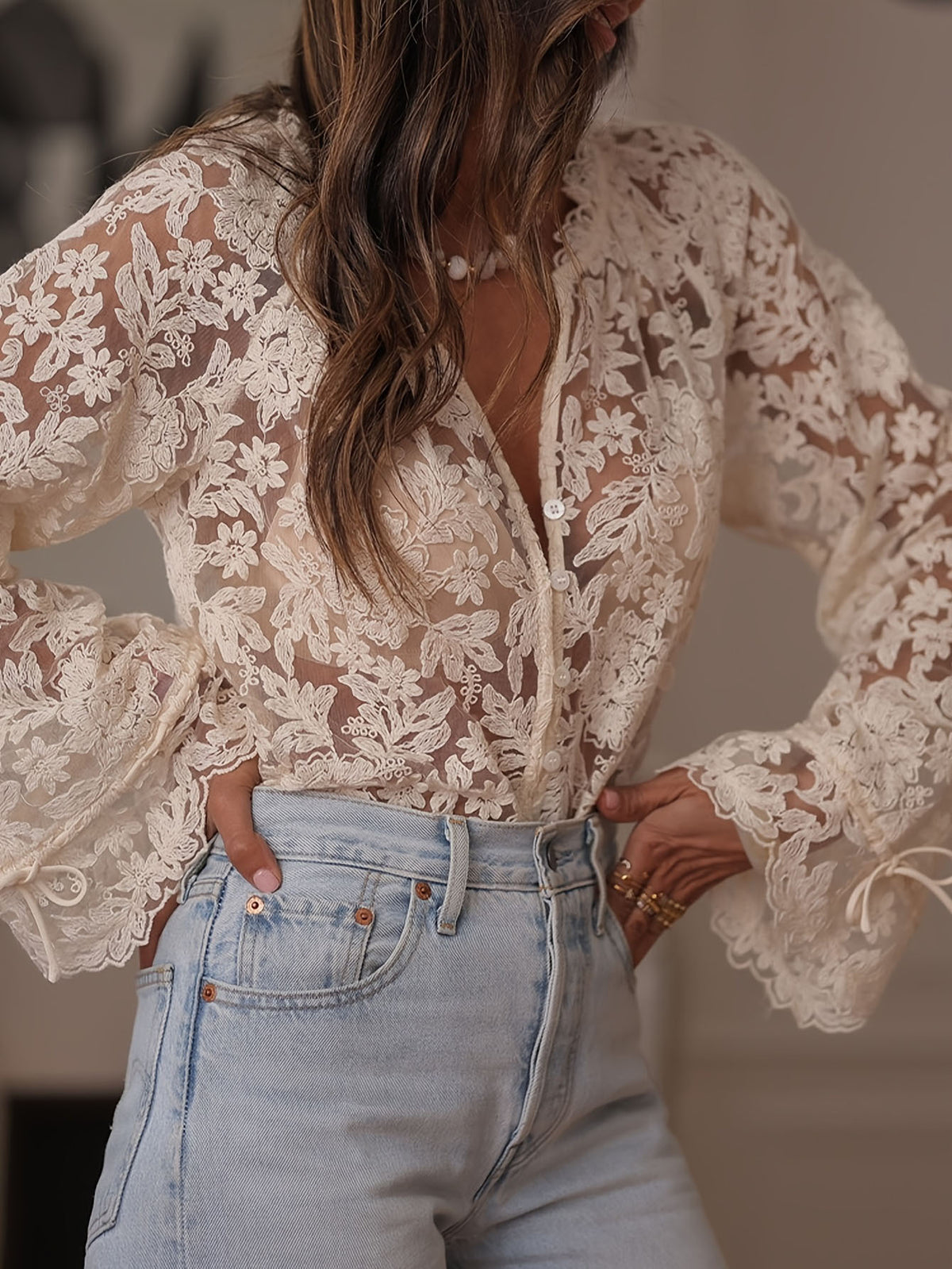 White deep V Trumpet Sleeve hollow lace shirt