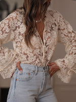 White deep V Trumpet Sleeve hollow lace shirt