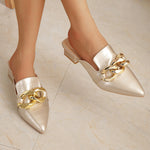 Pointed toe metal buckle flat mules