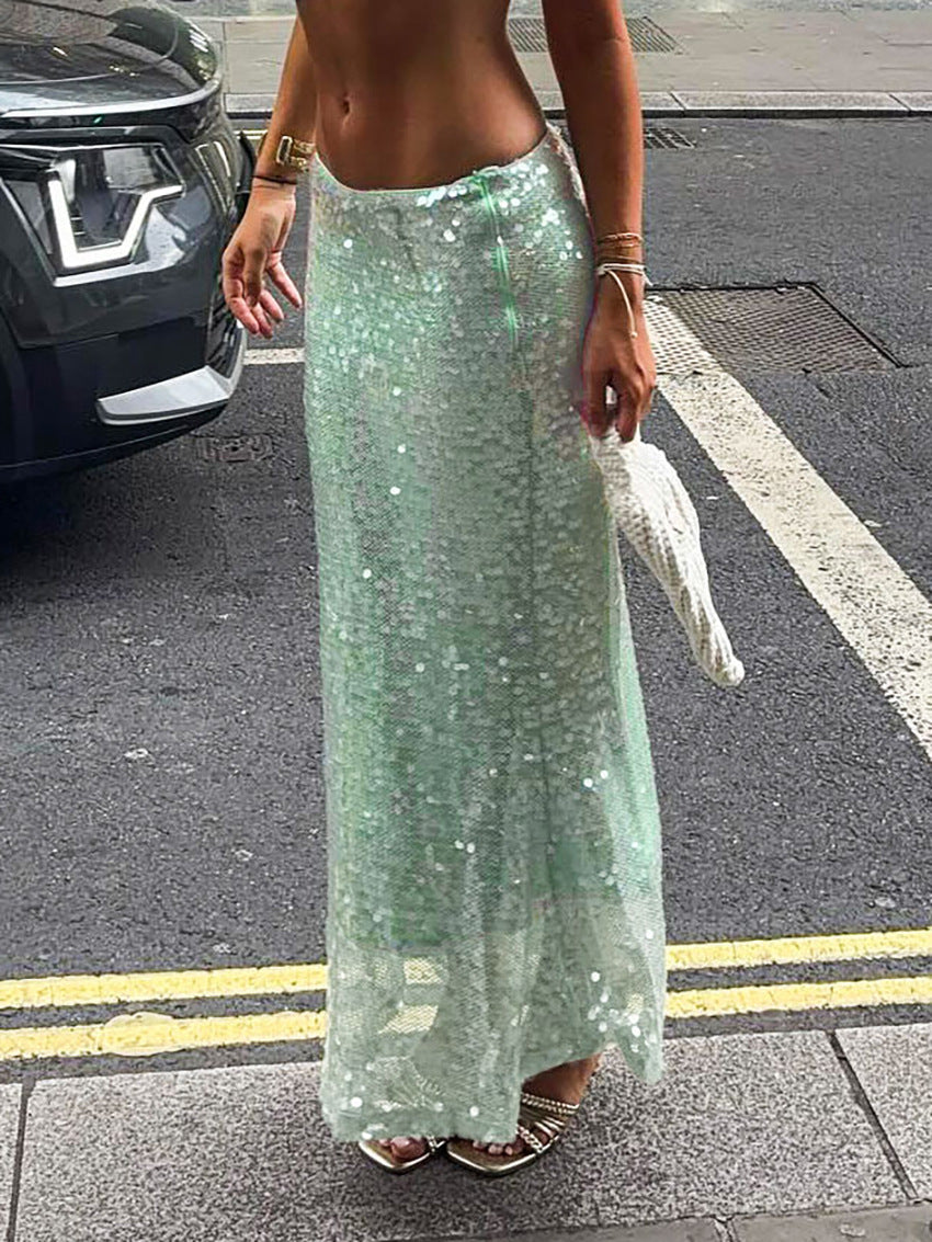 Light Green Sequined mesh high-waist slim skirt