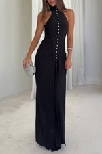 Sleeveless half-high collar multi-button slim-fit long dress