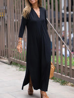 Solid color V-neck three-quarter sleeve slit dress