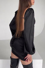 Long sleeved square neck halter back black dress