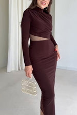 Solid color long sleeve high collar exposed waist hip slim dress