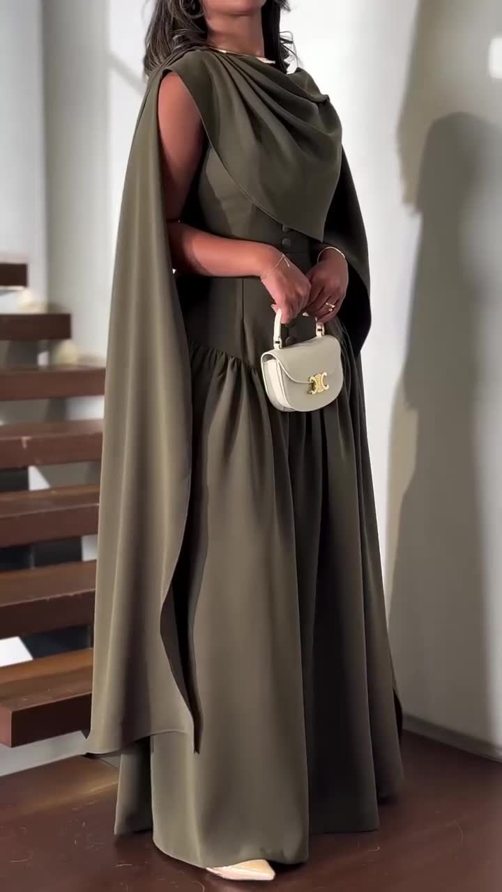 Round Neck Buckle Patchwork Shawl Elegant Temperament Dress