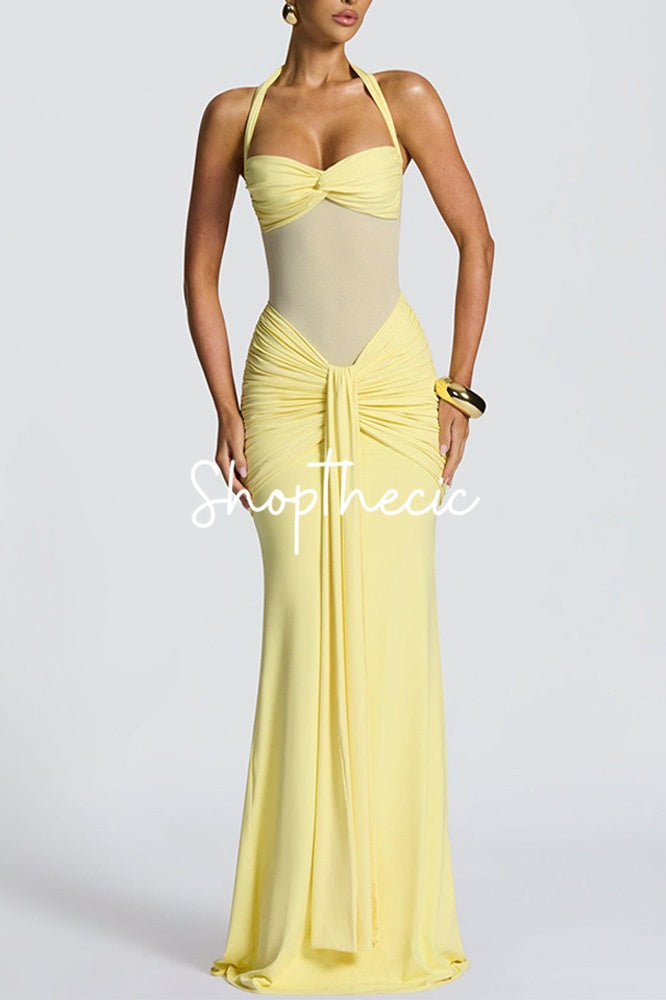 Halter-neck tie-up mesh spliced ribbon maxi dress
