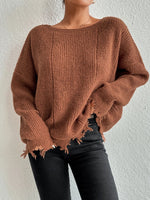 Solid color round neck ripped design loose knit sweater