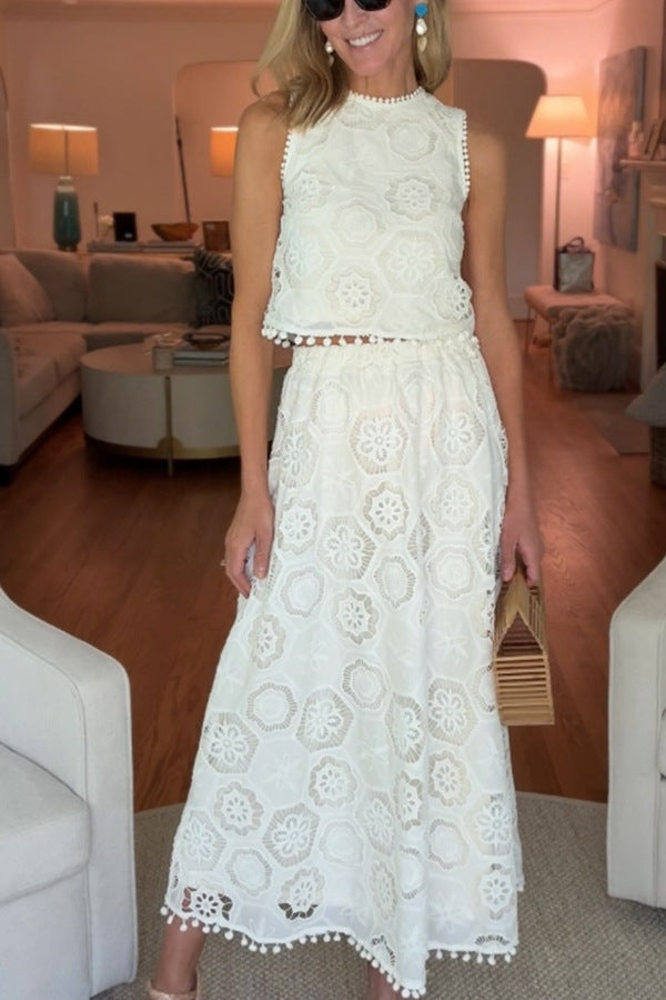 Ärmelloser, bestickter Rockanzug, lässiger, lockerer Urlaubs-Zweiteiler