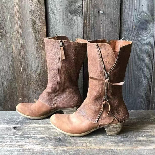Bottes mi-montantes rétro vieillies à fermeture éclair latérale