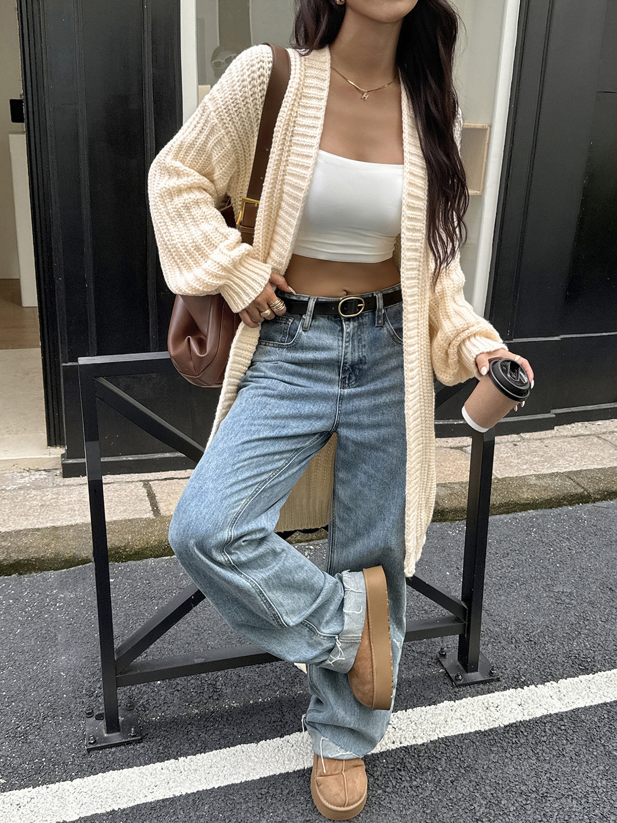 Oversized Chunky Knit Lantern-sleeved long cardigan