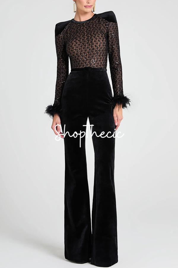 Velvet-trimmed long-sleevedfeather cuffs jumpsuit