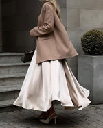 Solid Color High-Waisted Satin Midi Skirt