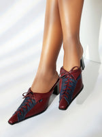 Square high heel pointed toe lace-up stitching mules