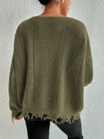Solid color round neck ripped design loose knit sweater