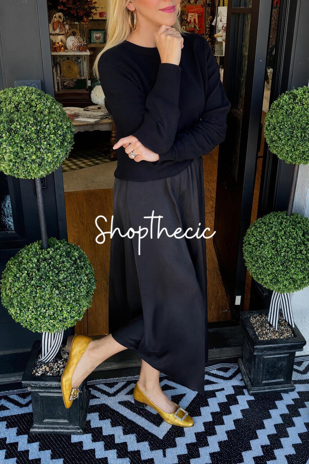 Solid color crew neck long-sleeved sweater and loose skirt two-piece set