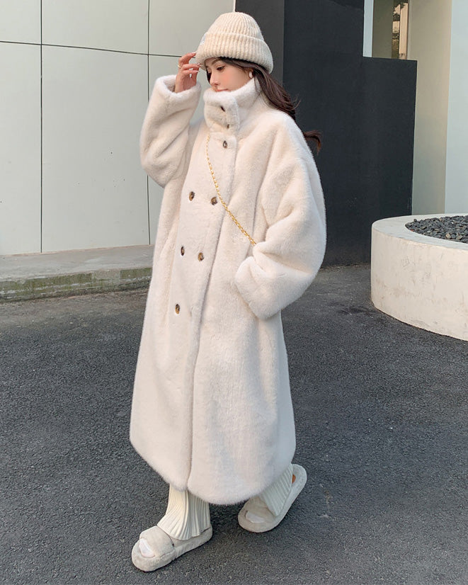 High stand-up collar double-breasted Faux Mink Fur Long Coat