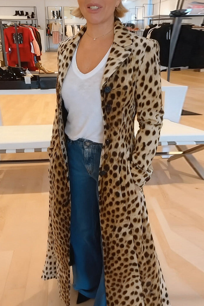 Gradient leopard print lapel long trench coat