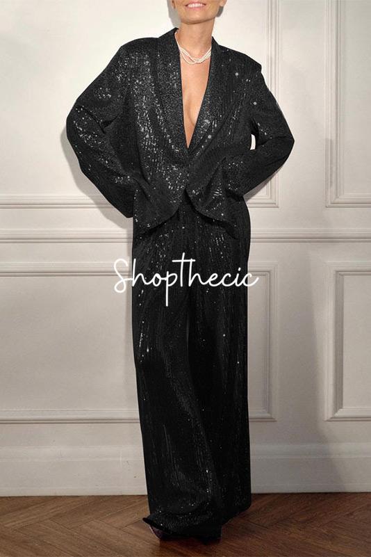 Sequined V-neck loose-fitting suit jacket and wide-leg pants set