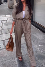 Topstitched lapel button-down workwear jumpsuit