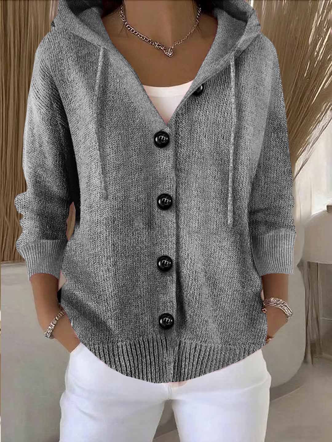 Cozy Long-sleeved button-down hooded knit cardigan