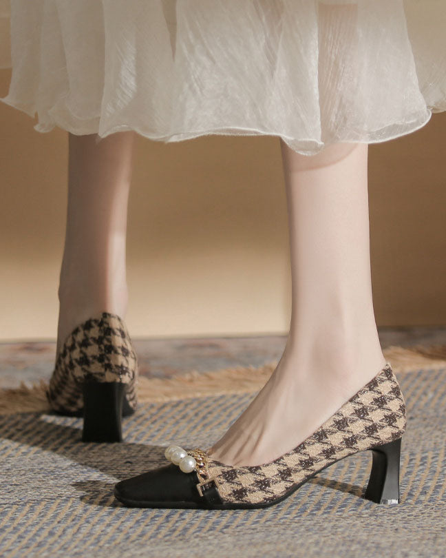 Pearl-Embellished Chunky Heel Plaid Velvet Shoes