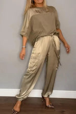 Smooth Satin Half-sleeved Top and Pant Suit Two-piece
