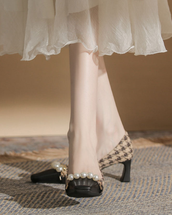 Pearl-Embellished Chunky Heel Plaid Velvet Shoes